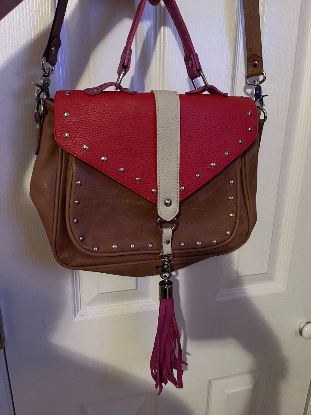 Laura Vela Leather Studded Colorblock Crossbody Bag Tassel Brown Pink Red Cream